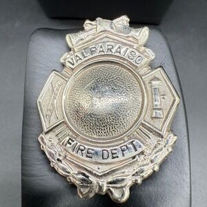 Vintage‎ Valparaiso Fire Dept. Badge Silver Tone Firefighter Insignia Emblem